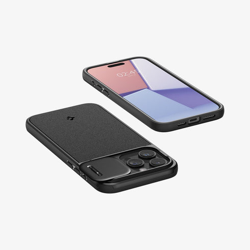 ACS06599 - iPhone 15 Pro Max Case Optik Armor (MagFit) in black showing the back with lens slot open